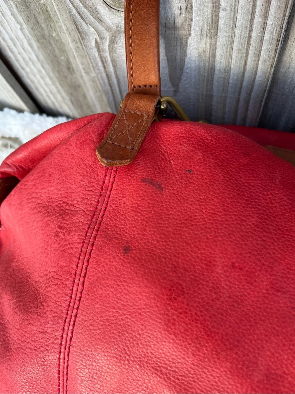 Red Leather Satchel Bag with Brown Handles